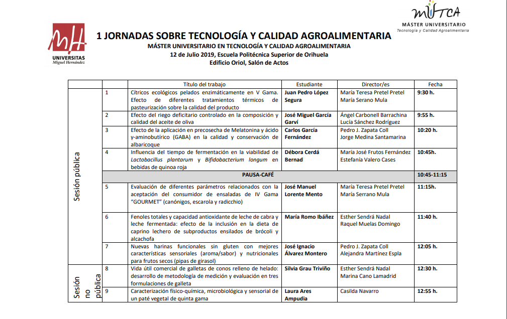 Exposición de los TFM de Tecnología y Calidad Agroalimentaria